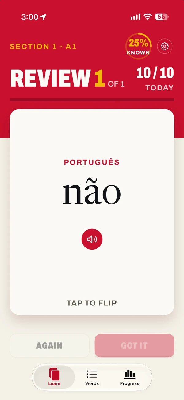 App screen: the Learn tab with a flash card showing the Portuguese word não, a play button, and Again / Got it buttons; the ring badge shows 25% known
